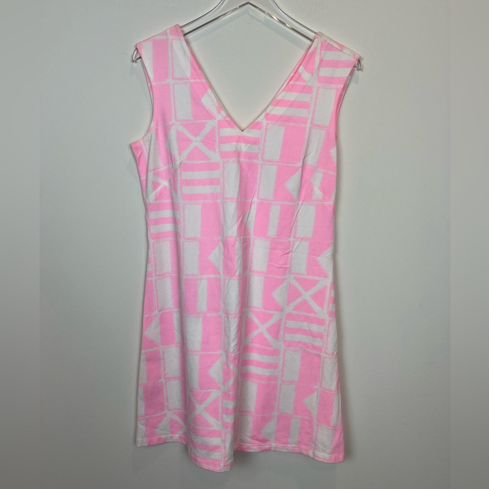 Mahi Gold V-Neck Sleeveless Dress Sz Large Pink & White Nautical Print